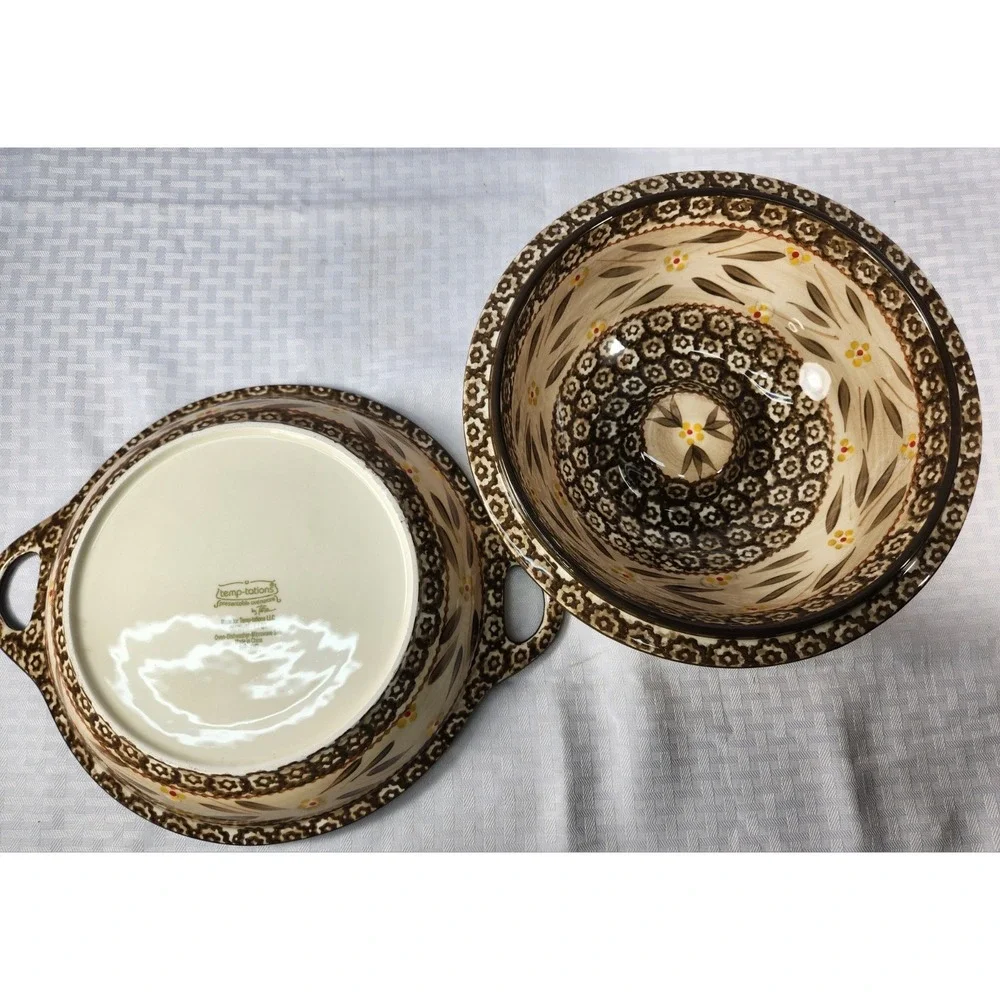 Set 2 Temptations By TARA Old World Brown Yellow Pie Dish & Lid / Serving Bowl